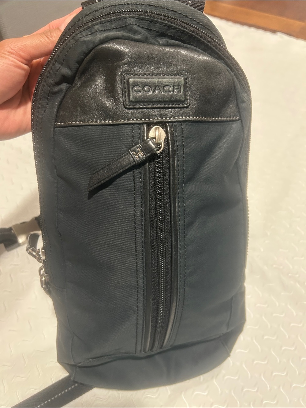Coach Black Men's Sling Bag with Leather Trim